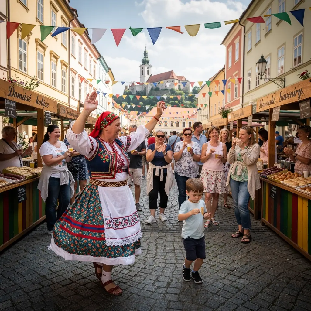 A group of travelers exploring a vibrant local market, engaging with vendors and sampling traditional Slovak foods.